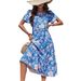 Elegant Long Dress For Women Large Floral Design Multi Layer Ruffles Blue Style_ecoleips.com