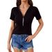 European American Cross-border 2026 New Model 95% Cotton Ribbed V-neck T-shirt With Rhinestone Pendant And Zipper, Solid_ecoleips.com