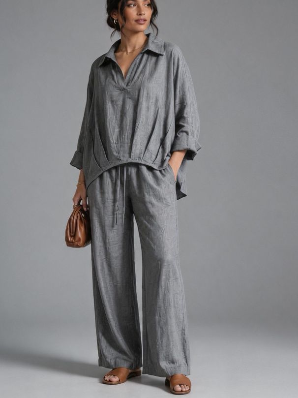 Women's Two Piece Set European American Style Relaxed Lapel V Neck Top High Waisted Drawstring Wide Leg Pants_ecoleips.com