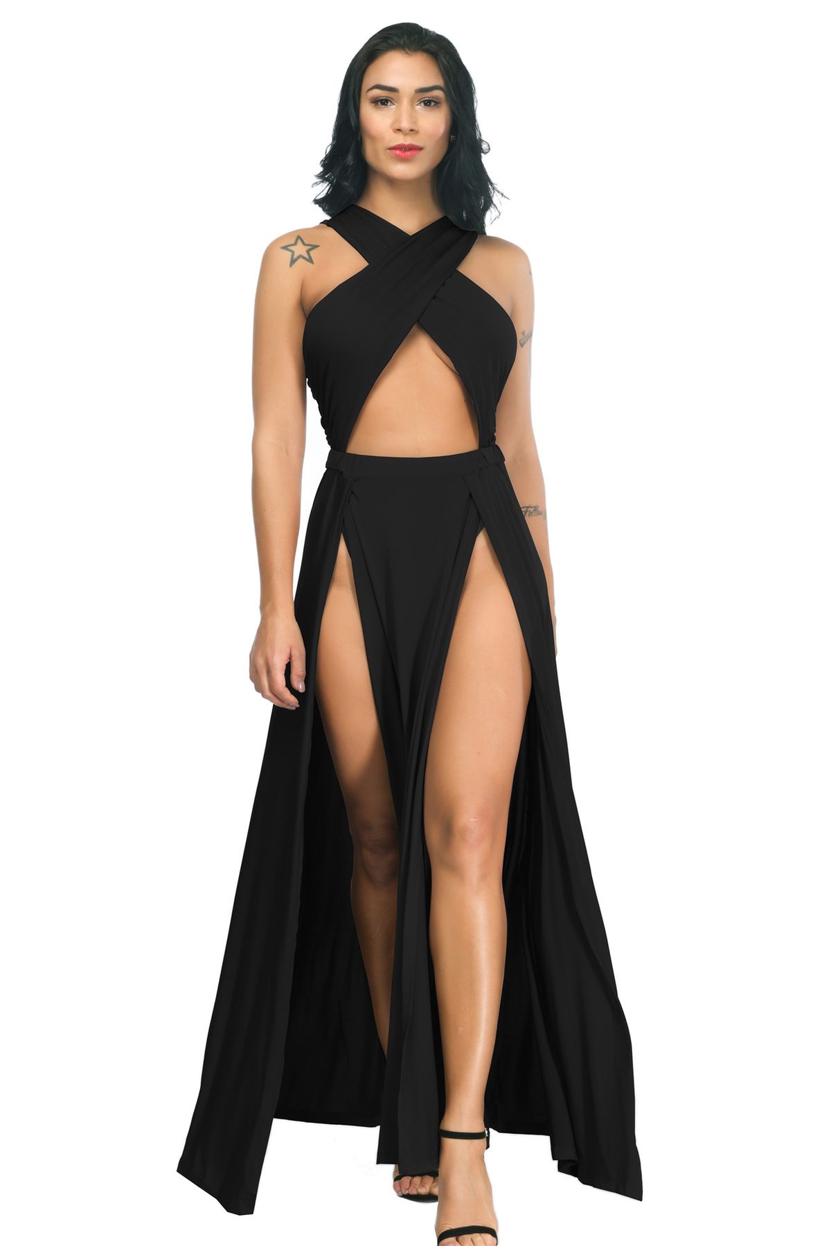 Women's Clothing Solid Color Slit Ruffle Dress Sexy Evening Dress_ecoleips.com