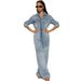 Women's Denim Jumpsuit Button Front Long Sleeve Bodysuit European American Style_ecoleips.com
