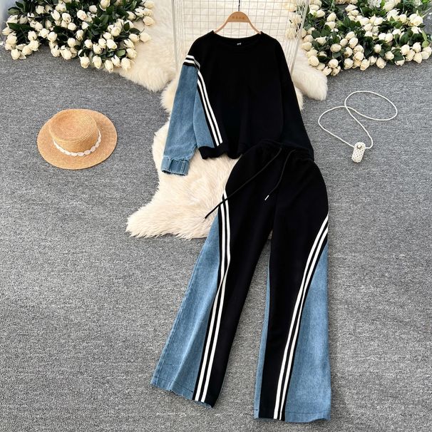 Casual Sports Suit For Women, Autumn Design, Loose Fit, Versatile Round Neck Sweatshirt, High Waist Denim Patchwork_ecoleips.com