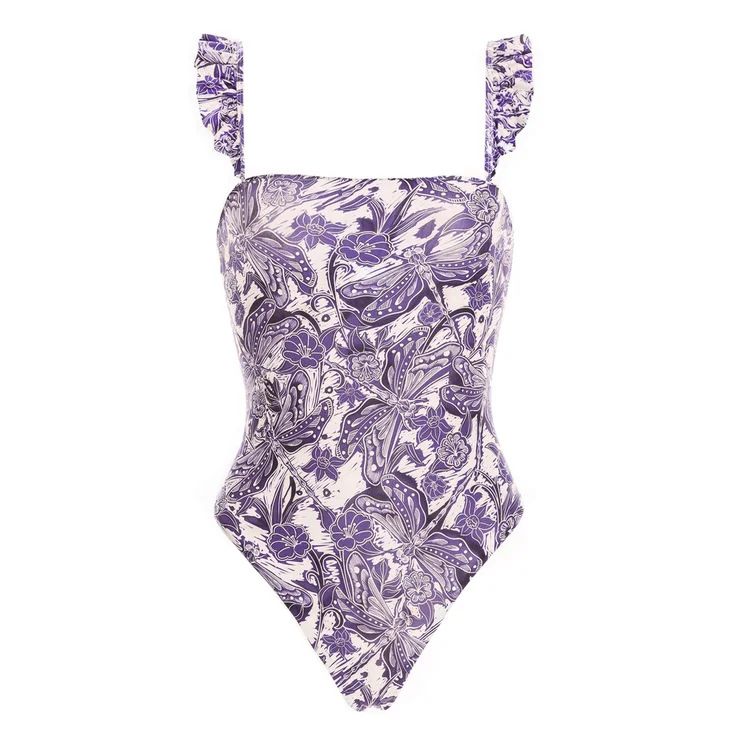 Women's Clothing Swimwear New Mini Ruffled Purple Dragonfly Print One Piece Swimsuit Suit For Women_ecoleips.com