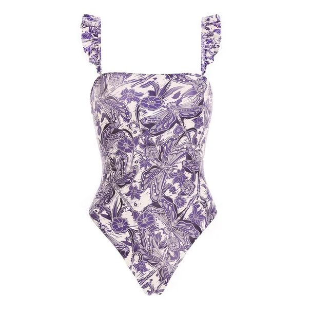 Women's Clothing Swimwear New Mini Ruffled Purple Dragonfly Print One Piece Swimsuit Suit For Women_ecoleips.com