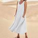 Voya Women's Summer European And American Style Pocket Sleeveless Round Neck Dress_ecoleips.com