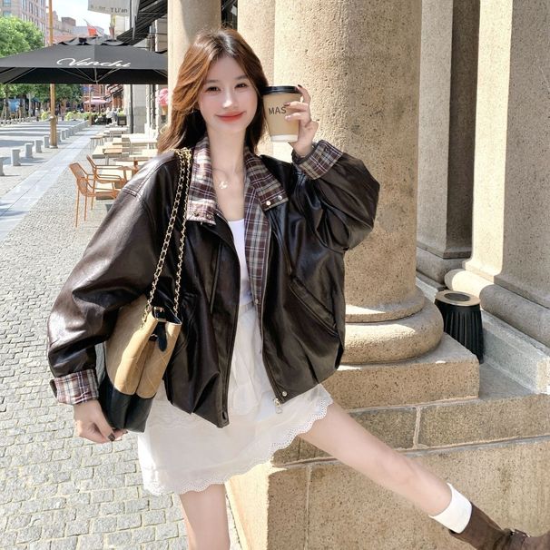 Aria Basics Short Plaid Patchwork Stylish Leather Women, 2026 Autumn New Style, Vintage Biker Jacket For Petite Women_ecoleips.com