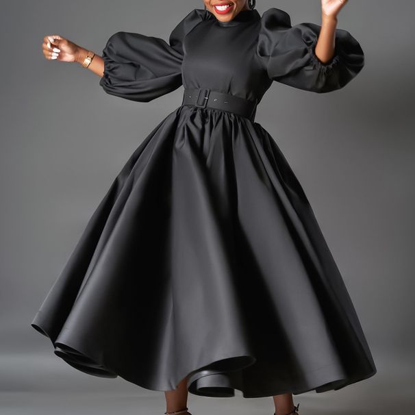 Women's Clothing Loose Plus Size Fashion Solid Color Big Skirt Puff Sleeves Mid Length Skirt Dress_ecoleips.com