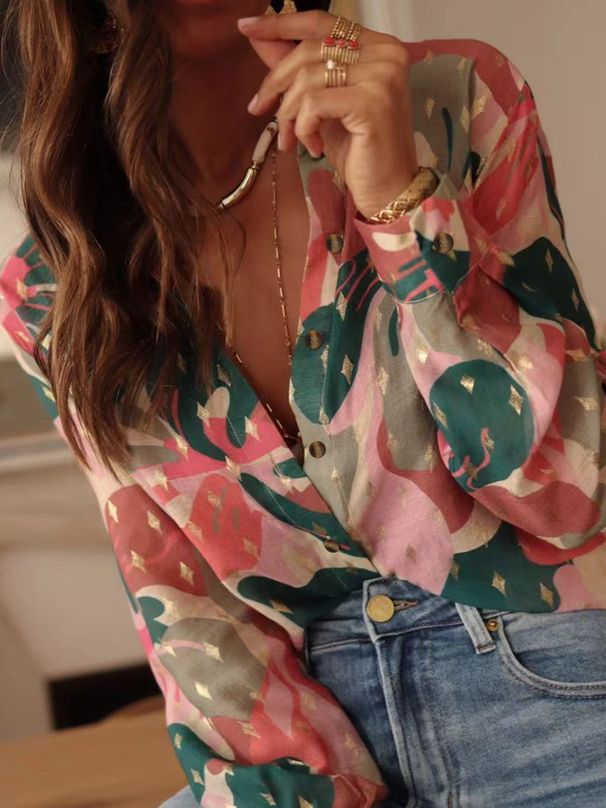 Women's Clothing Temperament Leisure Summer New Long Sleeved Printed Lapel Shirt Leisure Vacation Ladies Shirt Large Size_ecoleips.com