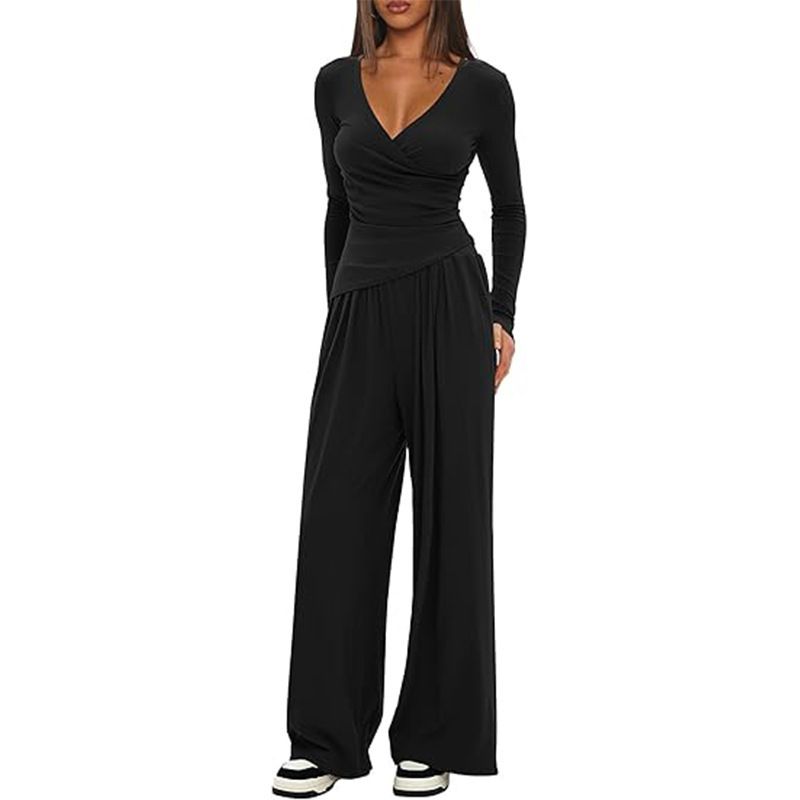 Minimalist 2-Piece Lounge Set – V-Neck Long Sleeve Top & Wide-Leg Pants (XS-XL, 4 Colors)_ecoleips.com
