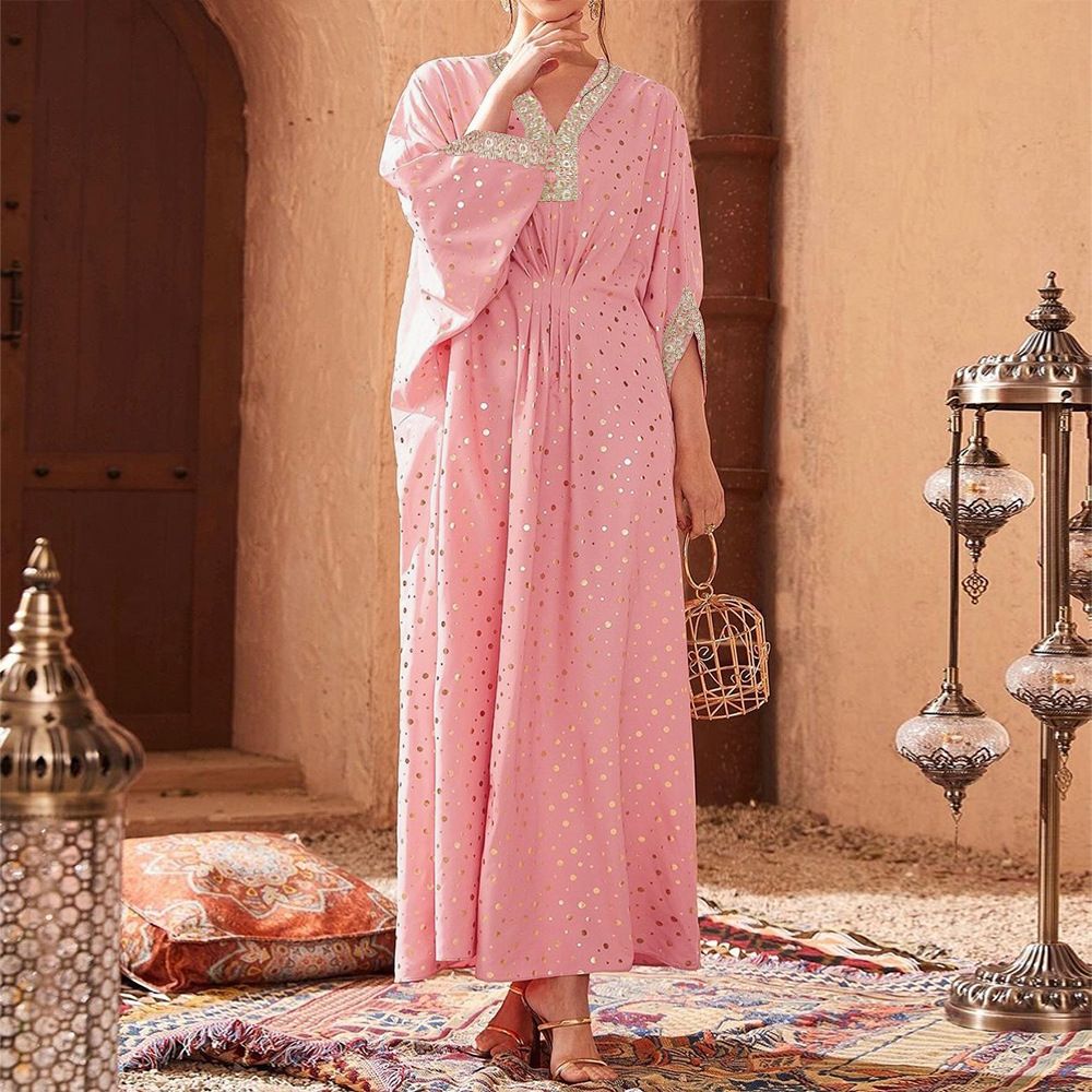 Women's Clothing Middle East Pink Dress Polka Dot Hot Stamping Waist Characteristic Lace Kaftan Dress_ecoleips.com