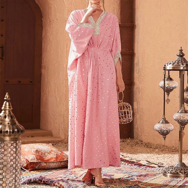 Women's Clothing Middle East Pink Dress Polka Dot Hot Stamping Waist Characteristic Lace Kaftan Dress_ecoleips.com