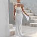 Elegant Ruffle Twist Front Bodycon Dress For Women, Off-Shoulder Midi Dress With Asymmetrical Hem In White And Deep Brown_ecoleips.com