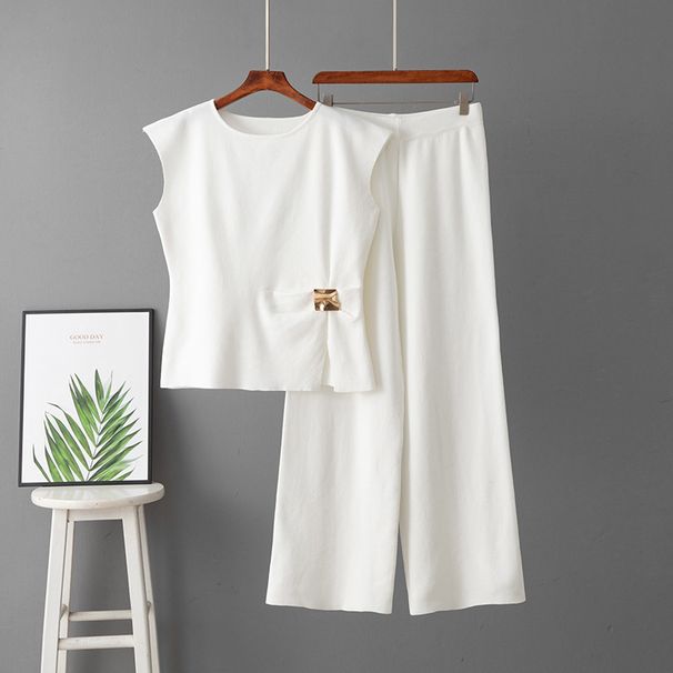 Women's Fashionable Commuter Two Piece Set Sleeveless Knitted Top with Slit And Copper Buttons Wide Leg Pants Summer New Cross Border Wide Leg Pants Set_ecoleips.com