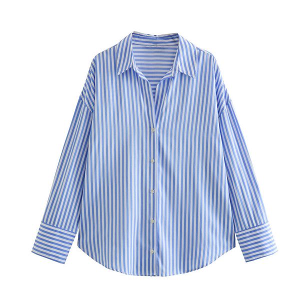 Women's Printed Satin-Feel Shirt – Lightweight Polyester Blouse With Drape, Fall Essential In Stripes & Solids (XS-L, 10 Colorways)_ecoleips.com