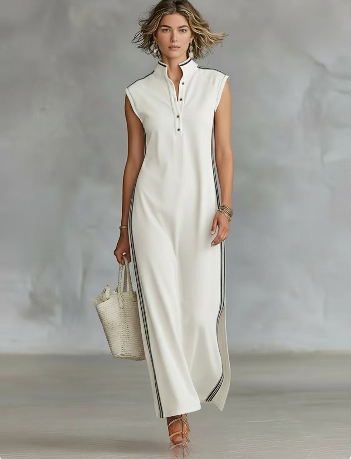 Sleeveless Collared Button Detail Long Casual Slimming Dress For Women New Fashion_ecoleips.com