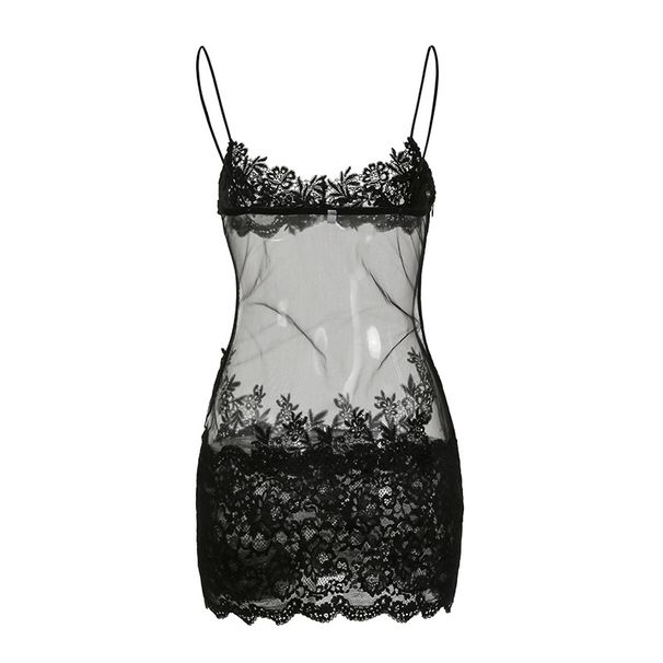 European And American Sexy Women's Style Mesh Lace See-through Camisole Dress, Cross-border V-neck High-waisted Slim-fit_ecoleips.com