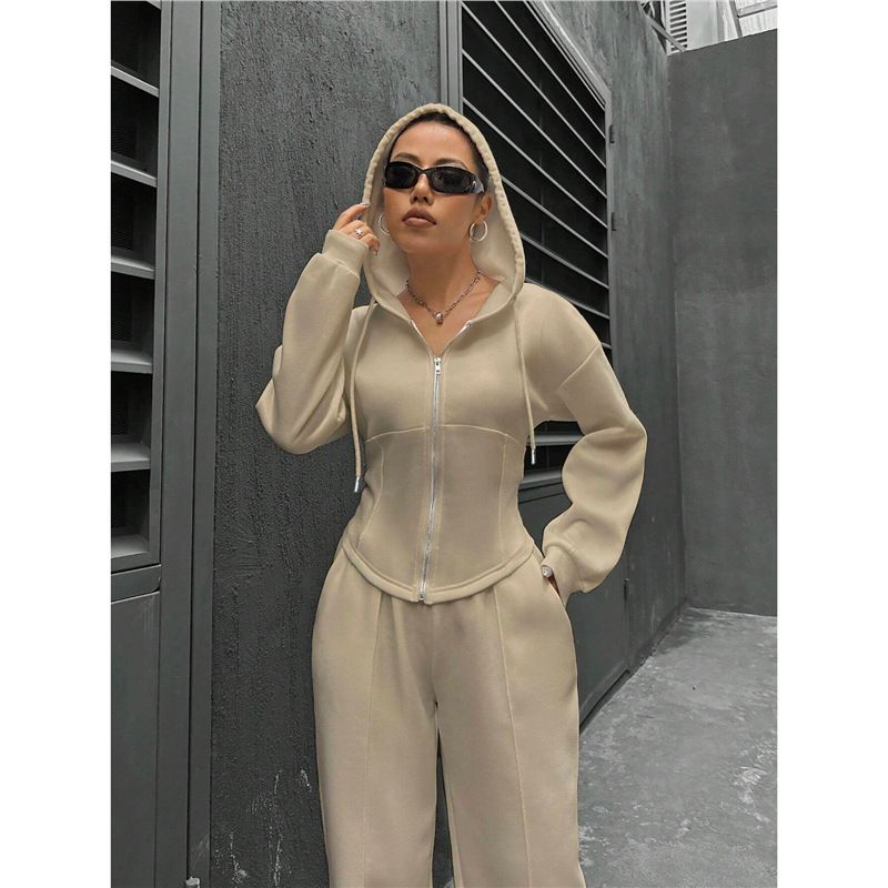 Women's Autumn/Winter Two Piece Set Hooded Cardigan And Wide Leg Pants Slim Fit Sweatshirt Casual European And American Style Clothing_ecoleips.com