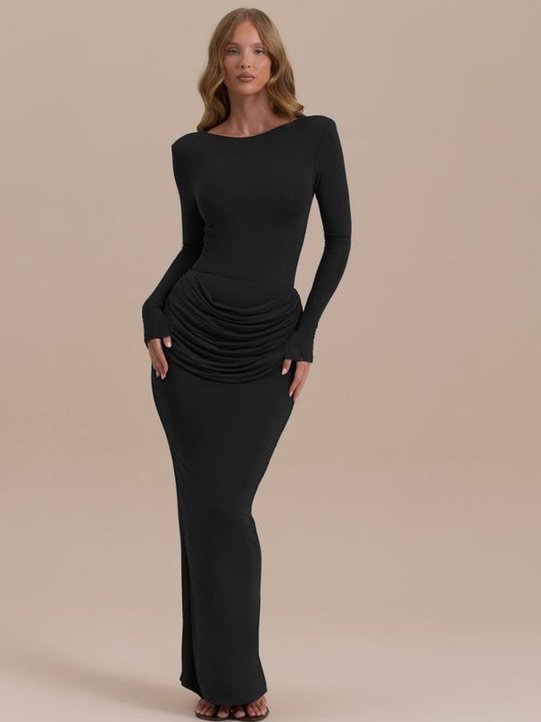 JULISSA MO Elegant Round Neck High Slit Ruched Women Maxi Dress Coffee Long Sleeve High Waist Autumn Skinny Party Evening Dress_ecoleips.com