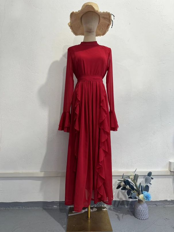 Women's Clothing Autumn New Chiffon Wood Ear Edge Stitching Chiffon Temperament Half High Collar Long Dress_ecoleips.com
