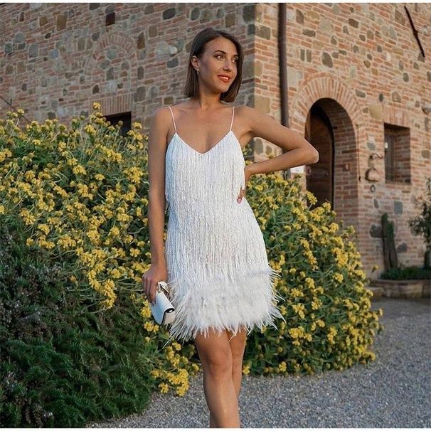 Fashionable Women's Multi Color Sequin Tassel Dress Sexy V Neck Strappy Feather Patchwork for Birthday Party 2026 Style_ecoleips.com