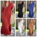 Women's Summer V Neck Dress Cotton Linen Pleated 7 Point Sleeve Slits Both Sides_ecoleips.com