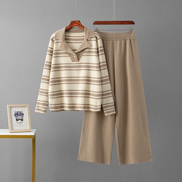 Women's Autumn New Arrival Collared Color Blocked Striped Two Piece Set Long Sleeved Knit Top And Wide Leg Pants Casual Versatile Design_ecoleips.com