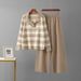 Women's Autumn New Arrival Collared Color Blocked Striped Two Piece Set Long Sleeved Knit Top And Wide Leg Pants Casual Versatile Design_ecoleips.com