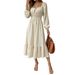 New Square Neck Long-sleeved Dress Women's Bubble Sleeve Lace-up Waist Thin Ruffle Edge Long Dress_ecoleips.com