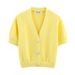 Women's Knit Cardigan With Star Shaped Buttons, V-Neck Short Sleeve Lightweight Cover-Up, Yellow Khaki Navy_ecoleips.com