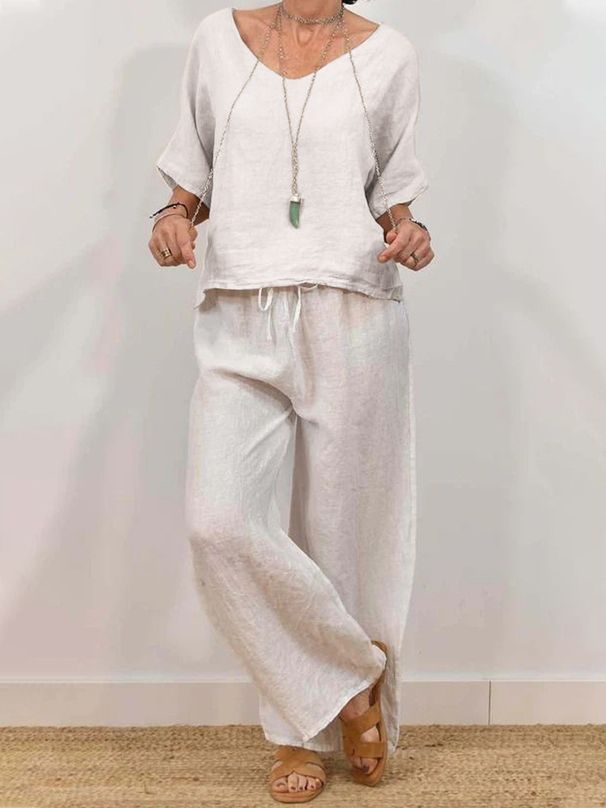 Women's Clothing Casual V Neck Pullover Half Sleeve Plus Pants Multicolor Women's Two Piece Suit_ecoleips.com