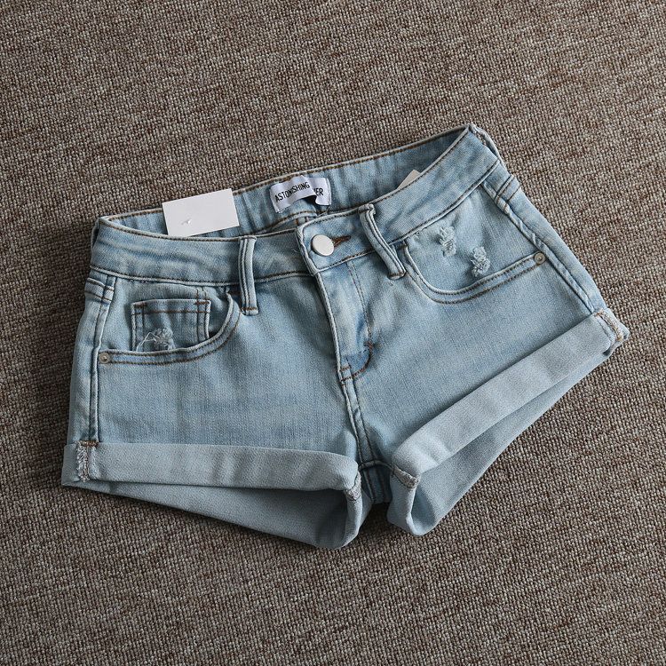 Super Long Legs European And American Street Retro Worn Light Blue Slim Low Waist Curled Hip Lift Denim Shorts Women's Hot Pants_ecoleips.com