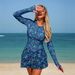 Women's Long Sleeve Rash Guard Swimsuit UPF 50+ Sun Protection Zip-Up Surfing Quick-Dry Polyester Leaf Print & Solid Colors S-XL_ecoleips.com