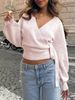 Women's European American Style Crossover V-Neck Base Knit Top Irregular Tie Short Pullover for Autumn Winter Fashion_ecoleips.com