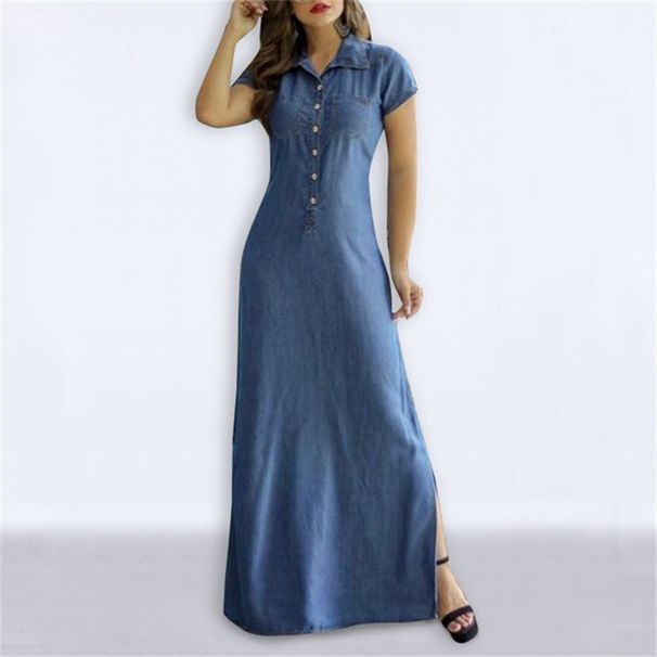 Summer Fashionable Elegant And Elegant Women's Denim Dress Pai Team Long Dress Large Size Half Open Lapel Women's Dress Robe_ecoleips.com