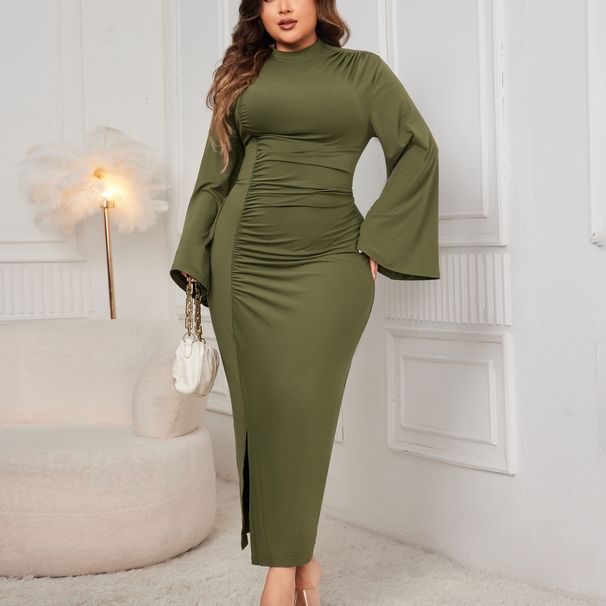 Women's Clothing Plus Size Clothes"Chic High Neck Bodycon Dress For Plus Size Women – Elegant Solid Color Slim Fit Dress With Side Slit, Perfect_ecoleips.com