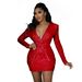 Women's Clothing Hip Skirt Celebrity Fashion Sequined V Neck Pleated Slimming Dress_ecoleips.com