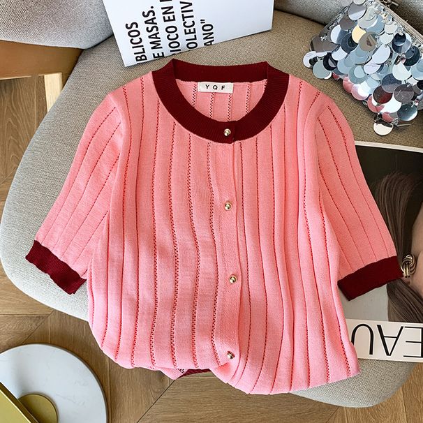 Women's Clothing Summer New Design Sense Small Fragrance Style Contrast Color Round Neck Short Sleeve Top Sweater Female_ecoleips.com