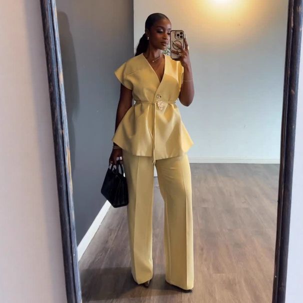 Autumn Women's Clothing Set V Neck Slim Fit Tie Waist Sleeveless Top And Wide Leg Pants European American Style_ecoleips.com
