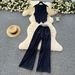 Women's Clothing Fashion V Neck Line Pocket Denim Top High Waist Drape Wide Leg Pants Suit_ecoleips.com