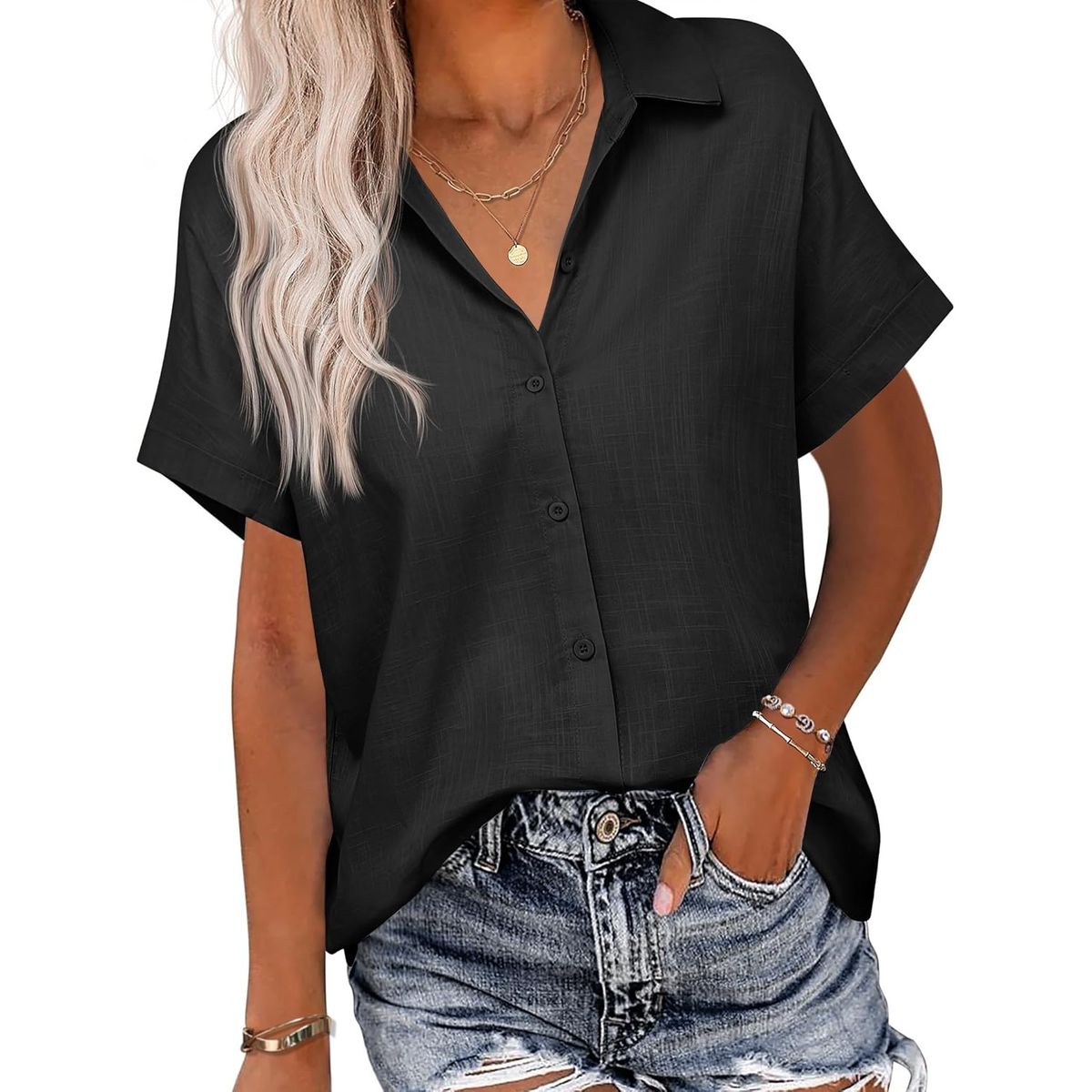 2025 Summer New Women's Solid Color Linen Shirt Pure Cotton Short Sleeve Casual Loose Blouse_ecoleips.com