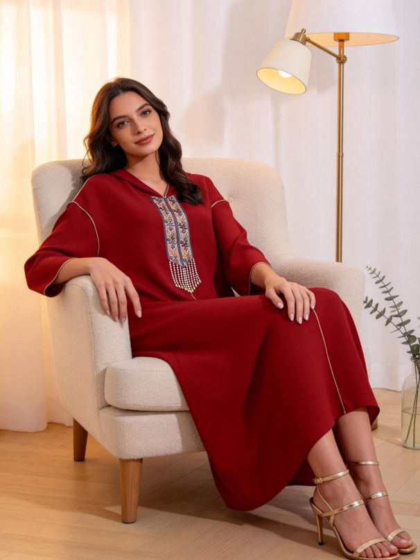 2026 New Burgundy Hooded Embroidered Fringed Robe Women's, Gold Edge Trim Loose Middle Eastern Traditional Style Dress_ecoleips.com