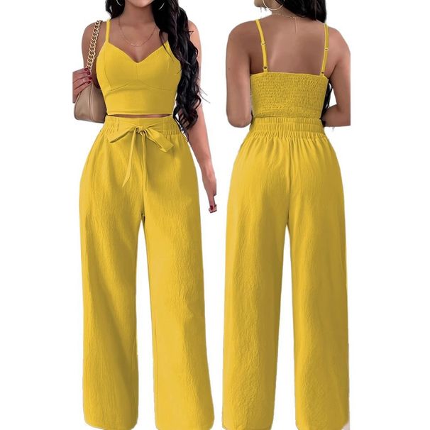 Women's Clothing Autumn Solid Color Sexy Suspenders Elastic Waist Tie Wide Leg Pants Loose Casual Temperament Suit_ecoleips.com