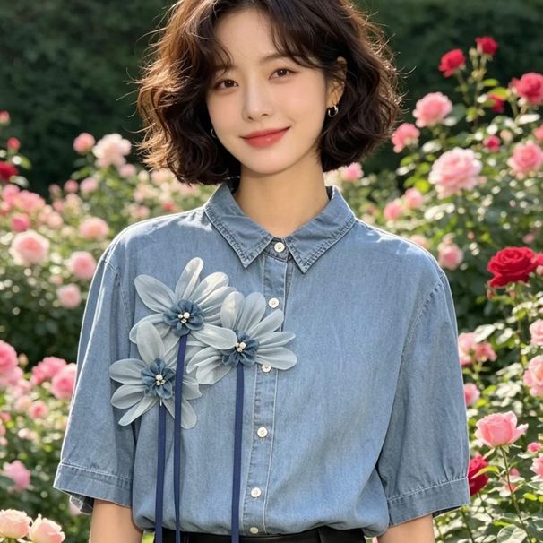 Women's Loose Fit Blue Floral Denim Shirt Korean Style Slimming Casual Top Short Sleeve Thin Style_ecoleips.com