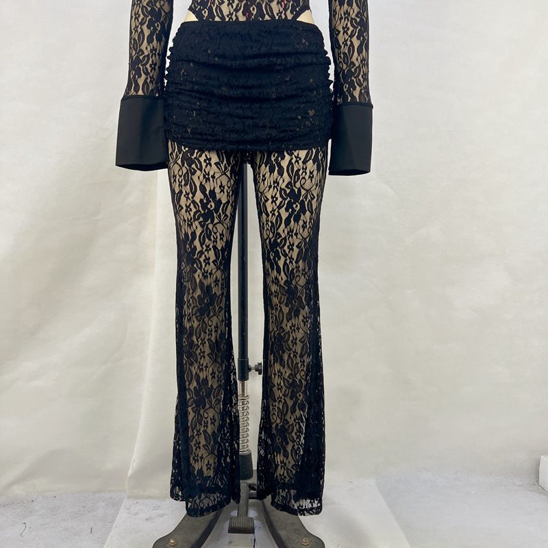 Women's Clothing Women's Sexy Lace Patchwork Deep V Long Sleeved Top And High Waisted Flared Pants Set Slim Fit See Through_ecoleips.com