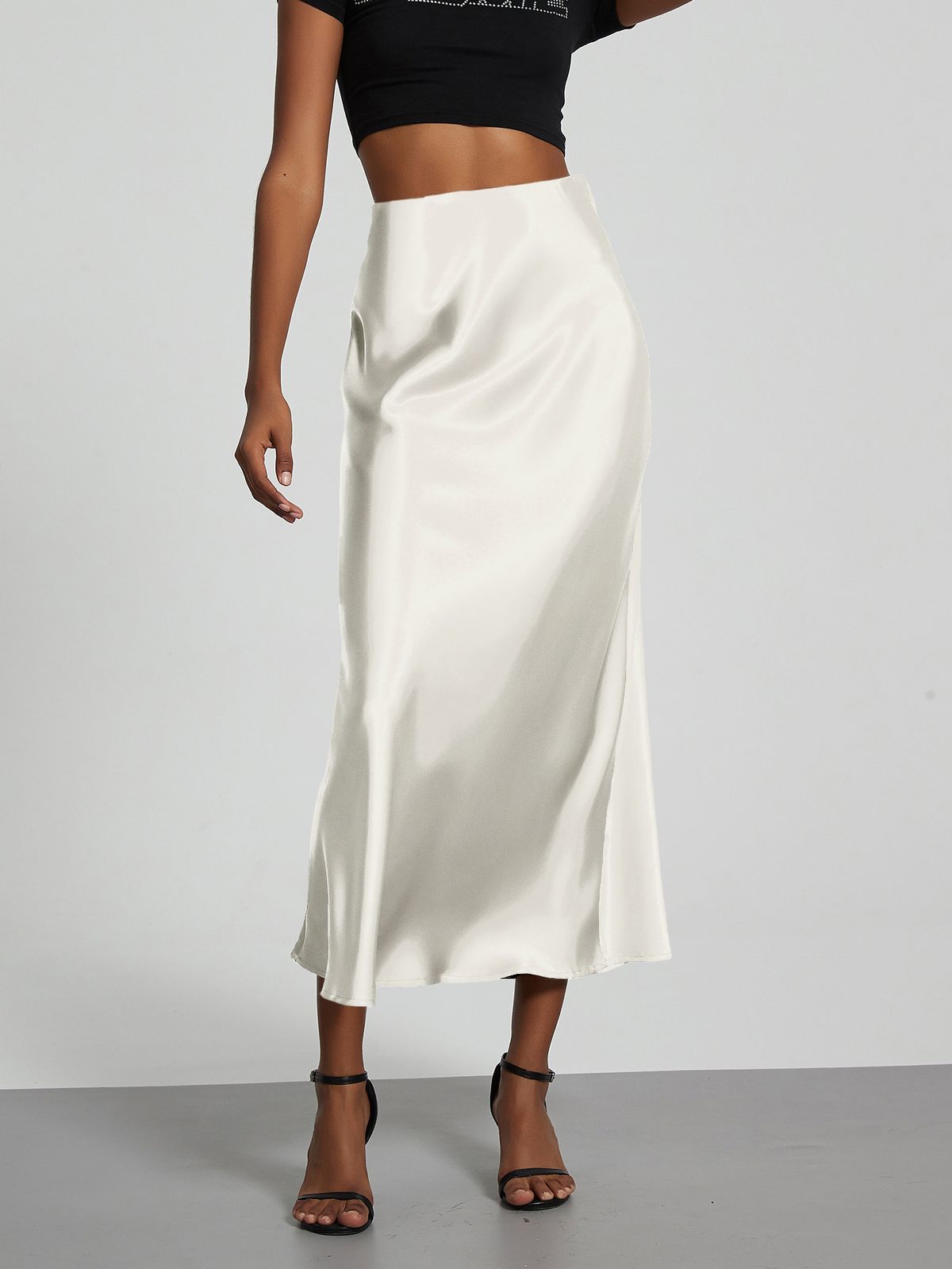 Elegant Satin Midi Skirt For Women - Flowy A-Line Tailored Pencil Skirt With Slit, Breathable Polyester, Office & Evening Wear_ecoleips.com