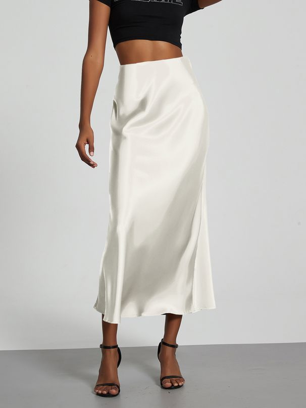 Elegant Satin Midi Skirt For Women - Flowy A-Line Tailored Pencil Skirt With Slit, Breathable Polyester, Office & Evening Wear_ecoleips.com