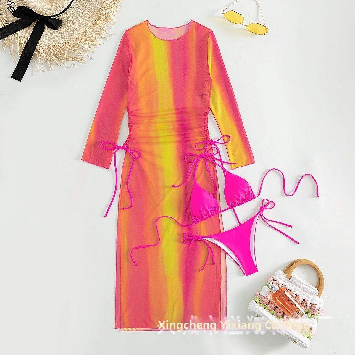 Women's Long Sleeved Swimsuit Cover Up Three Piece Set European American Style Cross Border Best Selling Striped Print_ecoleips.com