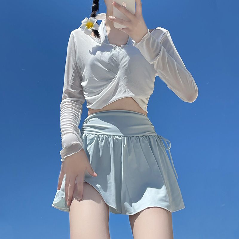 New Women's Swimsuit Student Two Piece Sports Long Sleeve Pure Alluring Hollowed Out High Waisted Slimming Cover Up Anti Exposure_ecoleips.com