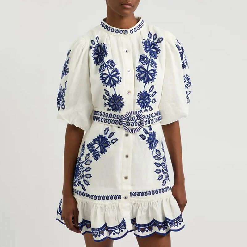 Women's Retro Short Dress With Puff Sleeves & Floral Embroidery - Single Breasted Summer Mini Dress_ecoleips.com