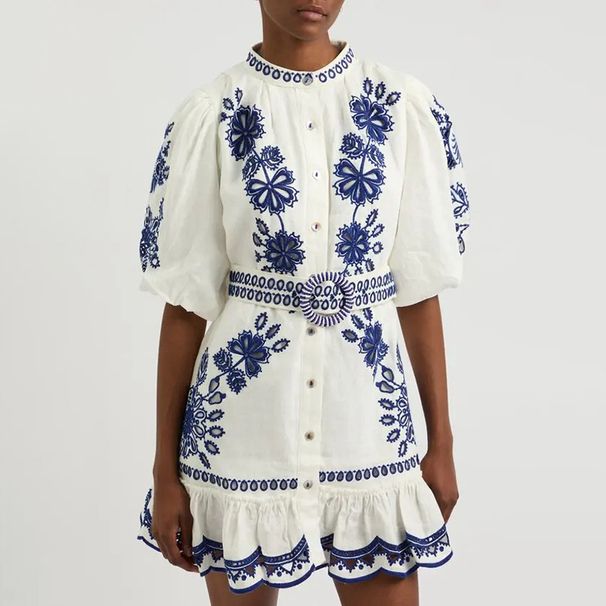 Women's Retro Short Dress With Puff Sleeves & Floral Embroidery - Single Breasted Summer Mini Dress_ecoleips.com